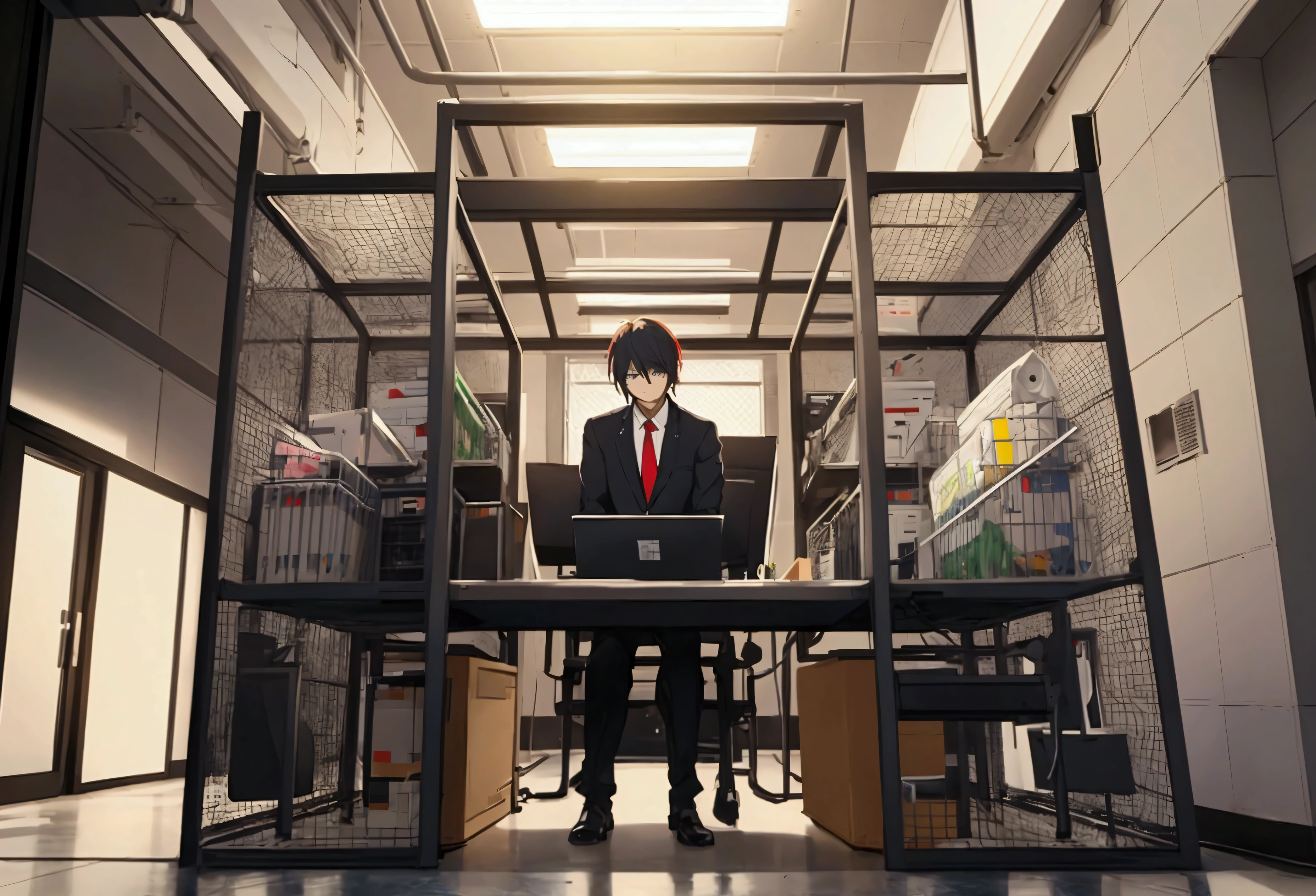 masterpiece, best quality, anime art style, office worker imprisoned in cage that is in office
