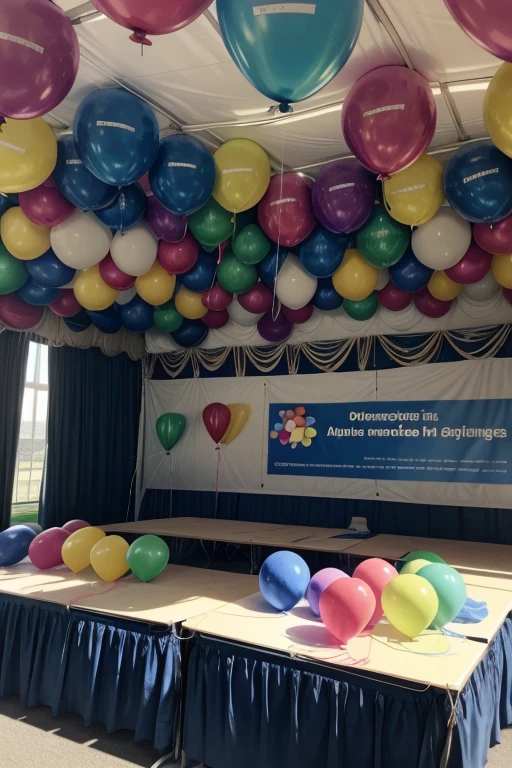 An autism presentation tent, with several balloons in the decoration and banners