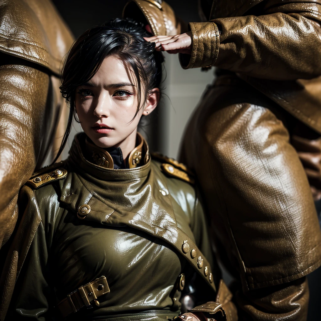 a woman in a steampunk military uniform is ready to fight in a battlefield, surrounded by threatening surreal figures.