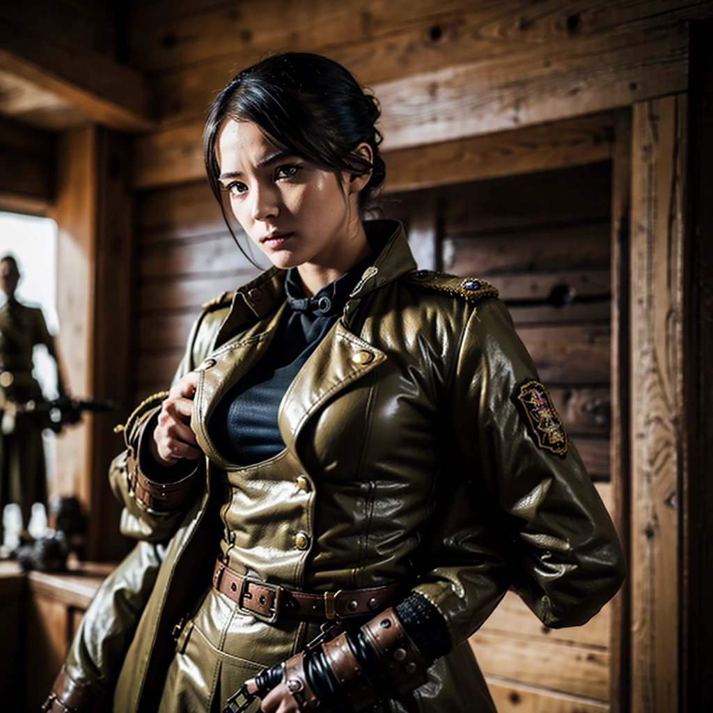 a woman in a steampunk military uniform is ready to fight in a battlefield, surrounded by threatening surreal figures.