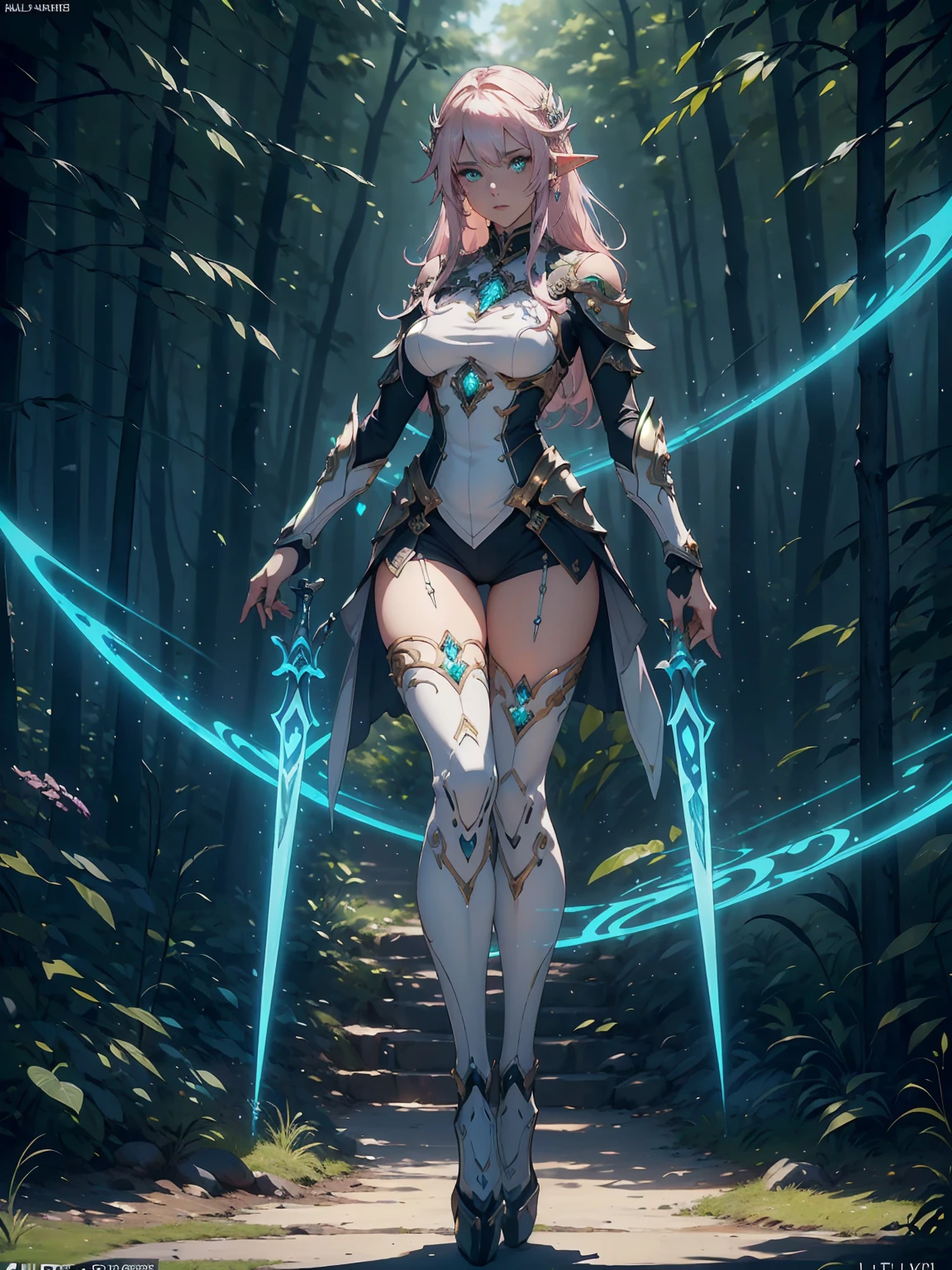 (((Masterpiece, best quality, high detailed, 8k))) Design a layout showcase Gaming character, (1girl). Light pink hair, green eyes, wearing a futuristic armor, wielding an empowering spear. (masterpiece:1.2), (best quality), ultra-detailed. (Step by step design, layout art:1.5), (luminous lighting, atmospheric lighting). Majestic elf in a magnificent forest with beautiful lighting. ((glove full hands)), intricate vambraces, high-tech legwear, (((full_body_shot:1.4))). The elf stands gracefully amidst ancient, towering trees, their leaves shimmering with a magical glow. The futuristic armor, a blend of sleek metal and glowing energy lines, contrasts beautifully with the natural surroundings. Her light pink hair flows softly around her, framing her elegant face with piercing green eyes that radiate wisdom and strength. The empowering spear she holds is adorned with mystical runes and a radiant crystal at its tip, pulsing with an ethereal light. She exudes an aura of power and serenity, perfectly harmonized with the enchanting beauty of the forest around her. Art style inspired by Artgerm, Kawacy, and Wadim Kashin.