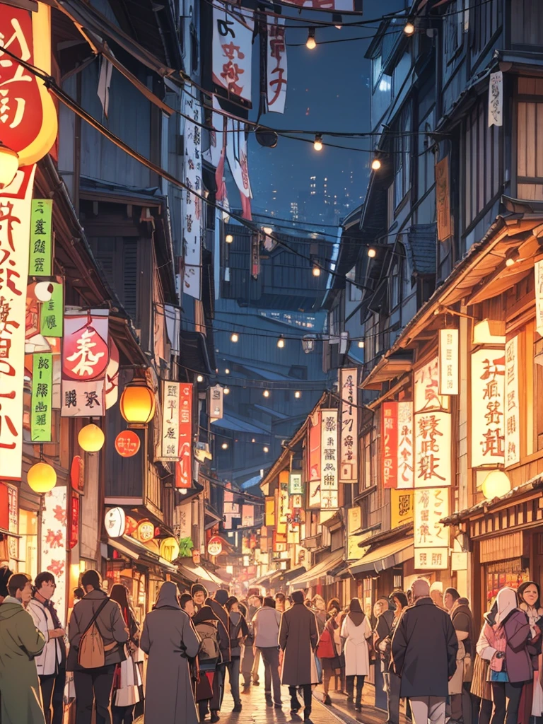 (wide shot) A central square, medieval Japanese city, buildings in traditional Japanese style, lanterns lighting the night, people celebrating