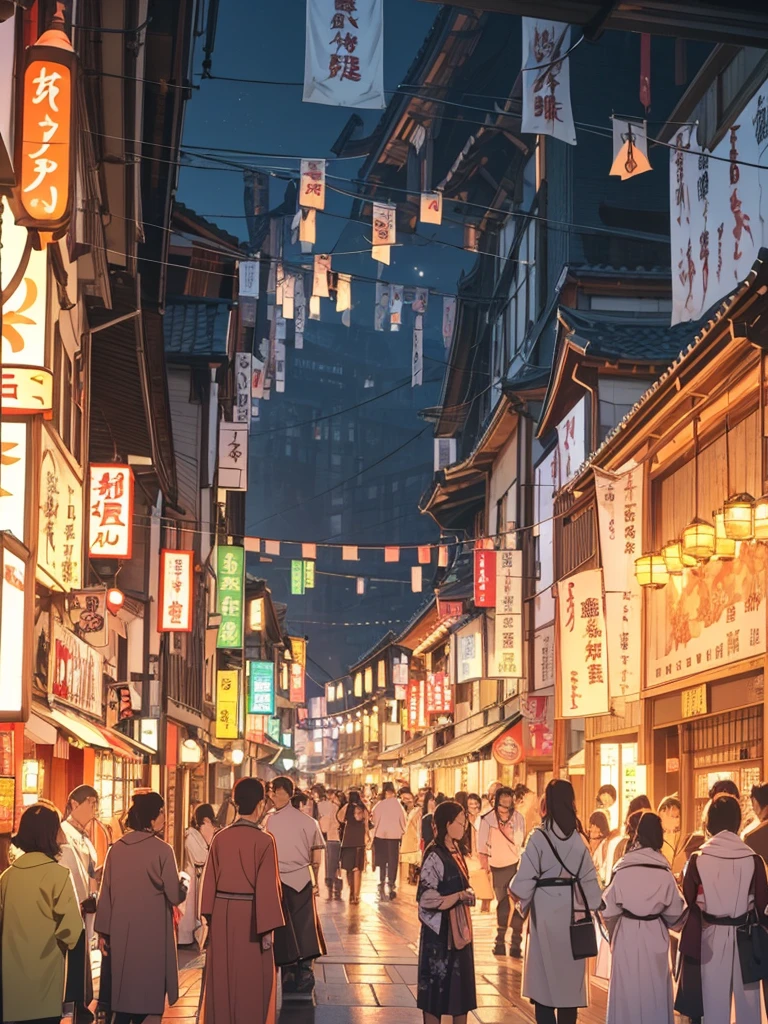 (wide shot) A central square, medieval Japanese city, buildings in traditional Japanese style, lanterns lighting the night, people celebrating