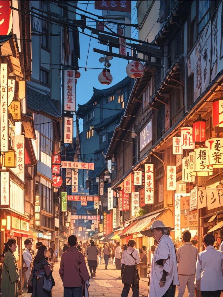 (wide shot) A central square, medieval Japanese city, buildings in traditional Japanese style, lanterns lighting the night, people celebrating