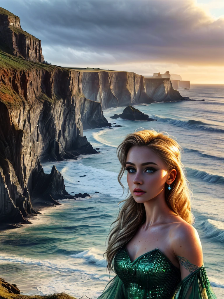 a beautiful young woman, a woman in a green celtic dress with glitter, woman on a cliff at the irish coast, blond hair, blue eyes, stunning landscape, beautiful detailed eyes, beautiful detailed lips, extremely detailed face and skin, longeyelashes, intricate dress details, shiny glitter dress, sunlight on the woman, dramatic cliff scene, ocean waves crashing below, cloudy sky,(best quality,4k,8k,highres,masterpiece:1.2),ultra-detailed,(realistic,photorealistic,photo-realistic:1.37),cinematic lighting,dramatic colors,vibrant,fantasy,digital art,concept art