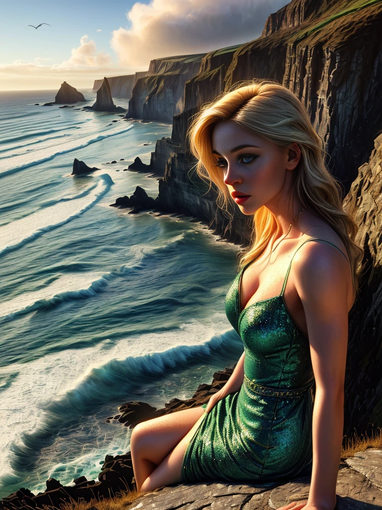 a beautiful young woman, a woman in a green celtic dress with glitter, woman on a cliff at the irish coast, blond hair, blue eyes, stunning landscape, beautiful detailed eyes, beautiful detailed lips, extremely detailed face and skin, longeyelashes, intricate dress details, shiny glitter dress, sunlight on the woman, dramatic cliff scene, ocean waves crashing below, cloudy sky,(best quality,4k,8k,highres,masterpiece:1.2),ultra-detailed,(realistic,photorealistic,photo-realistic:1.37),cinematic lighting,dramatic colors,vibrant,fantasy,digital art,concept art