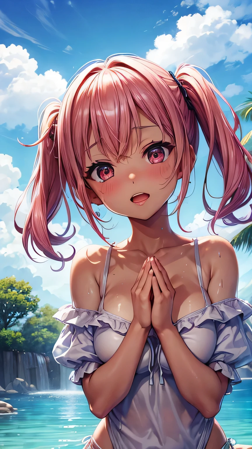 Very detailed CG Unity 8K wallpaper, Cute One lady, Mature pink hair、lady ,beautiful lady, pale skin (Super masterpiece, Beautiful person, well detailed face polluted smile, Photorealistic, hyper realisitic)、Japanese Style Hair Accessories、smile、Japanese background with light pink flowers and snow、Portrait、(pink eye)、(flat chest:1.3)、Detailed eyes、Big eyes、Open your mouth、Hide your arms、(pussy:1.5),(all nude:1.5)