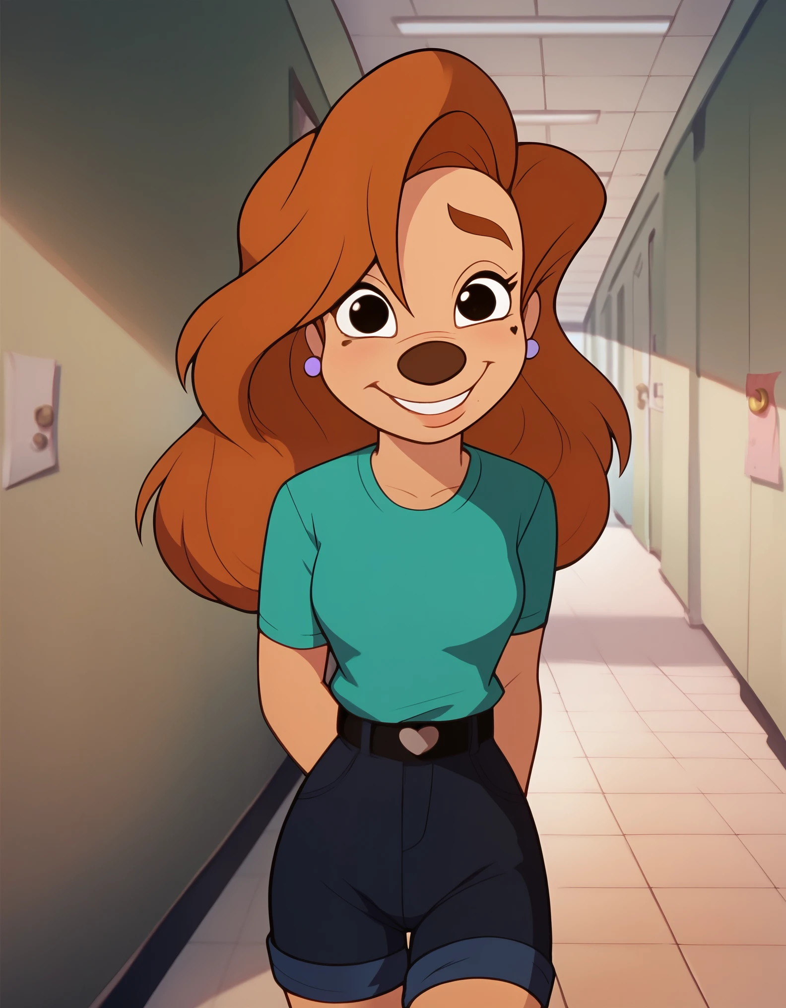 roxanne, 1girl, brown hair, long hair, solo, earrings, black eyes, green shirt, short sleeves, smile, furry female, shorts, belt,, score_9, score_8_up, score_7_up, score_6_up,  looking at viewer,  hallway, arms behind back, shy,