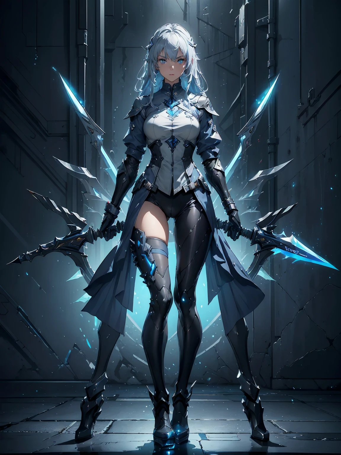 (((masterpiece, best quality, high detailed, 8k))) Design a layout showcase Gaming character, (1girl). Silver+Blue clothes, stylish and unique. ((showcase weapon:1.4)), lightning rod. (masterpiece:1.2), (best quality), 4k, ultra-detailed. (Step by step design, layout art:1.5), (luminous lighting, atmospheric lighting). storm mage, ((glove full hands)), (((revealing clothes:1.3))), vambraces, armored legwear, (((full_body_shot:1.4))). {During a thunderstorm}.