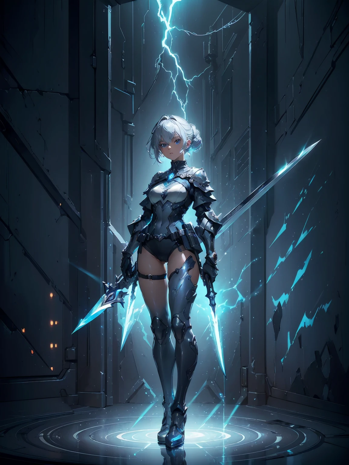 (((masterpiece, best quality, high detailed, 8k))) Design a layout showcase Gaming character, (1girl). Silver+Blue clothes, stylish and unique. ((showcase weapon:1.4)), lightning rod. (masterpiece:1.2), (best quality), 4k, ultra-detailed. (Step by step design, layout art:1.5), (luminous lighting, atmospheric lighting). storm mage, ((glove full hands)), (((revealing clothes:1.3))), vambraces, armored legwear, (((full_body_shot:1.4))). {During a thunderstorm}.