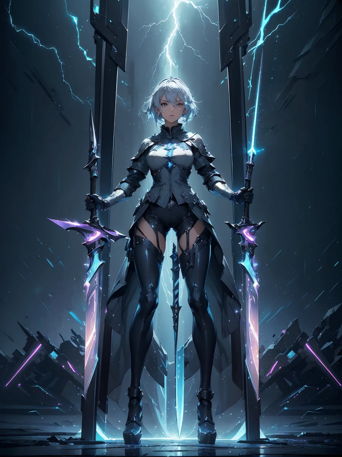 (((masterpiece, best quality, high detailed, 8k))) Design a layout showcase Gaming character, (1girl). Silver+Blue clothes, stylish and unique. ((showcase weapon:1.4)), lightning rod. (masterpiece:1.2), (best quality), 4k, ultra-detailed. (Step by step design, layout art:1.5), (luminous lighting, atmospheric lighting). storm mage, ((glove full hands)), (((revealing clothes:1.3))), vambraces, armored legwear, (((full_body_shot:1.4))). {During a thunderstorm}.