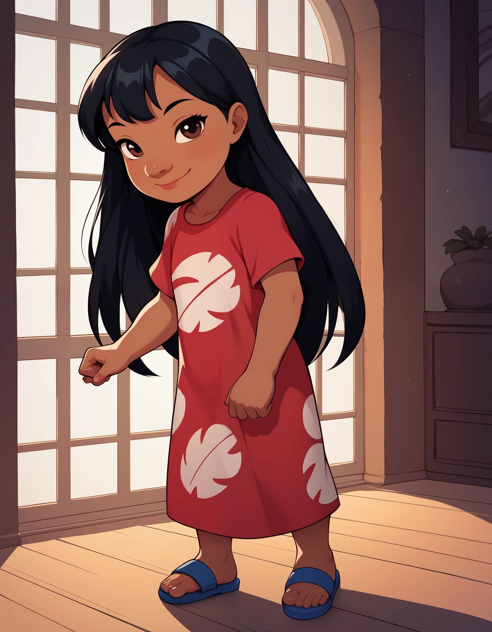 score_9, score_8_up, score_7_up, score_6_up, BREAK, LiloLSXL, , dark skin, brown eyes, black hair, long hair, bangs, flat chest, red dress, short sleeves, blue sandals, solo, full body, standing, seductive smile, looking at viewer, indoors 