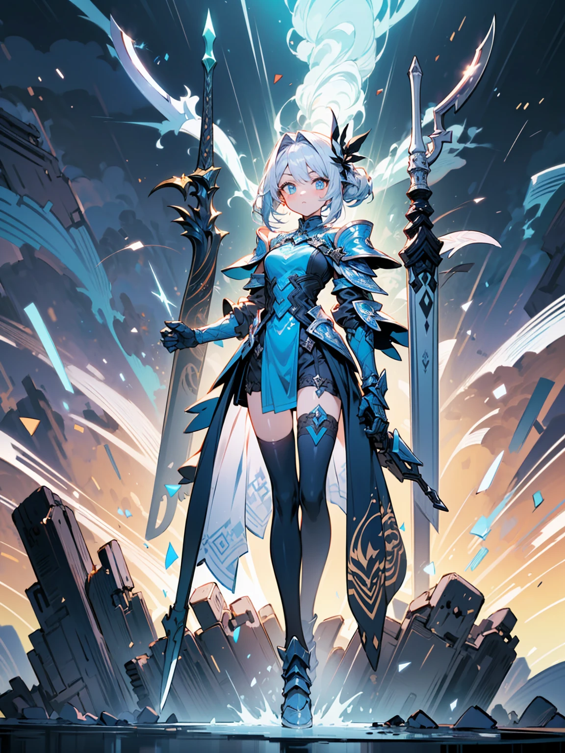 (((masterpiece, best quality, high detailed, 8k))) Design a layout showcase Gaming character, (1girl). Silver+Blue clothes, stylish and unique. ((showcase weapon:1.4)), lightning rod. (masterpiece:1.2), (best quality), 4k, ultra-detailed. (Step by step design, layout art:1.5), (luminous lighting, atmospheric lighting). storm mage, ((glove full hands)), (((revealing clothes:1.3))), vambraces, armored legwear, (((full_body_shot:1.4))). {During a thunderstorm}.