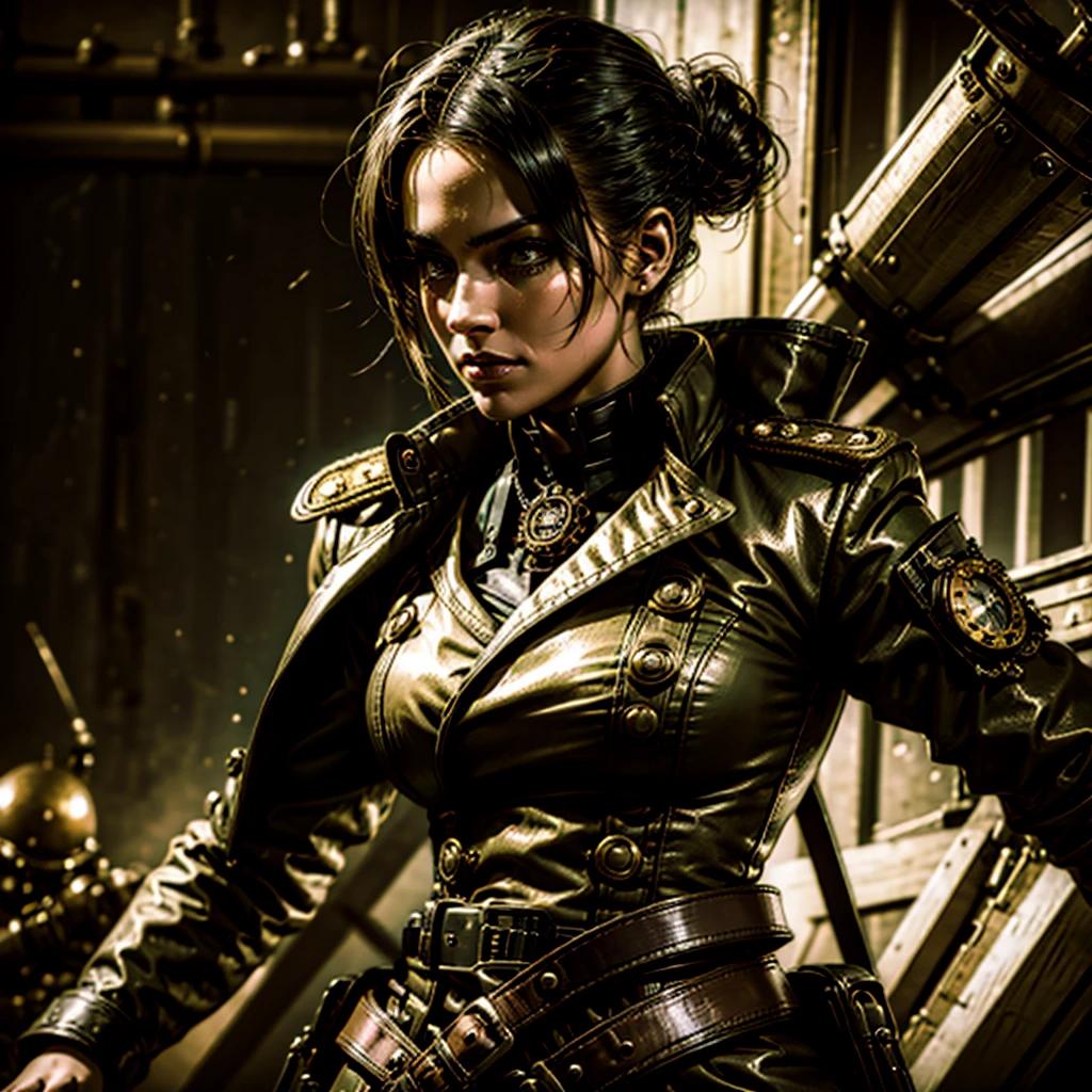a woman in a steampunk military uniform is ready to fight in a battlefield, surrounded by threatening surreal figures.