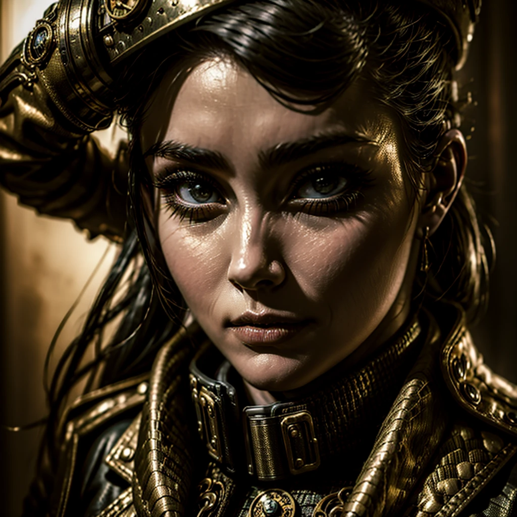 a woman in a steampunk military uniform is ready to fight in a battlefield, surrounded by threatening surreal figures.