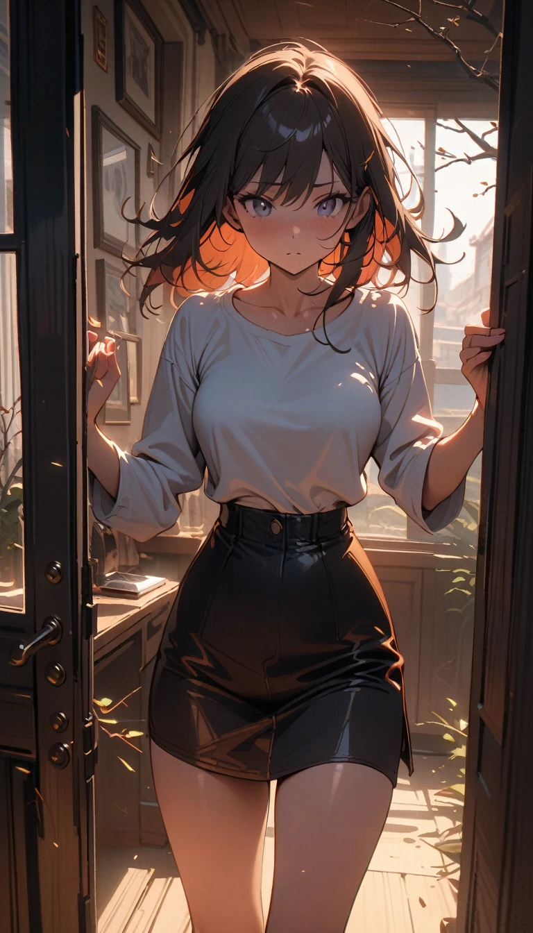 ((best quality)) , ((masterpiece)) , (detailed),1 female,Knock on the door,Windy,Outside the window,Branches,Glass,Call up,cell phone