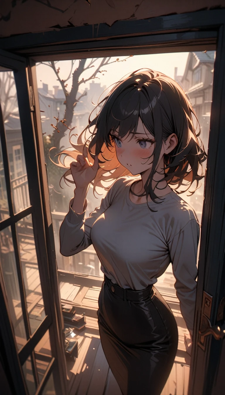 ((best quality)) , ((masterpiece)) , (detailed),1 female,Knock on the door,Windy,Outside the window,Branches,Glass,Call up,cell phone