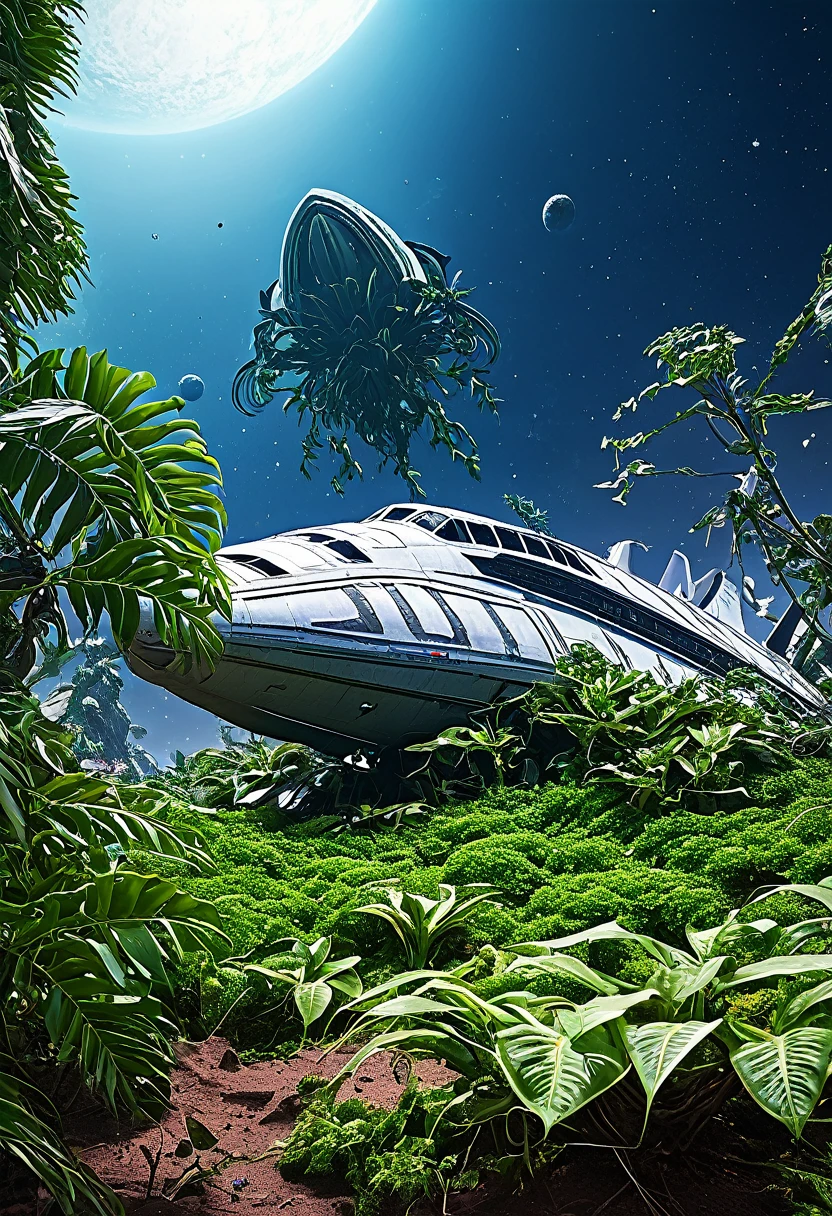 space ship crashed on planet, covered by climbing alien plants
