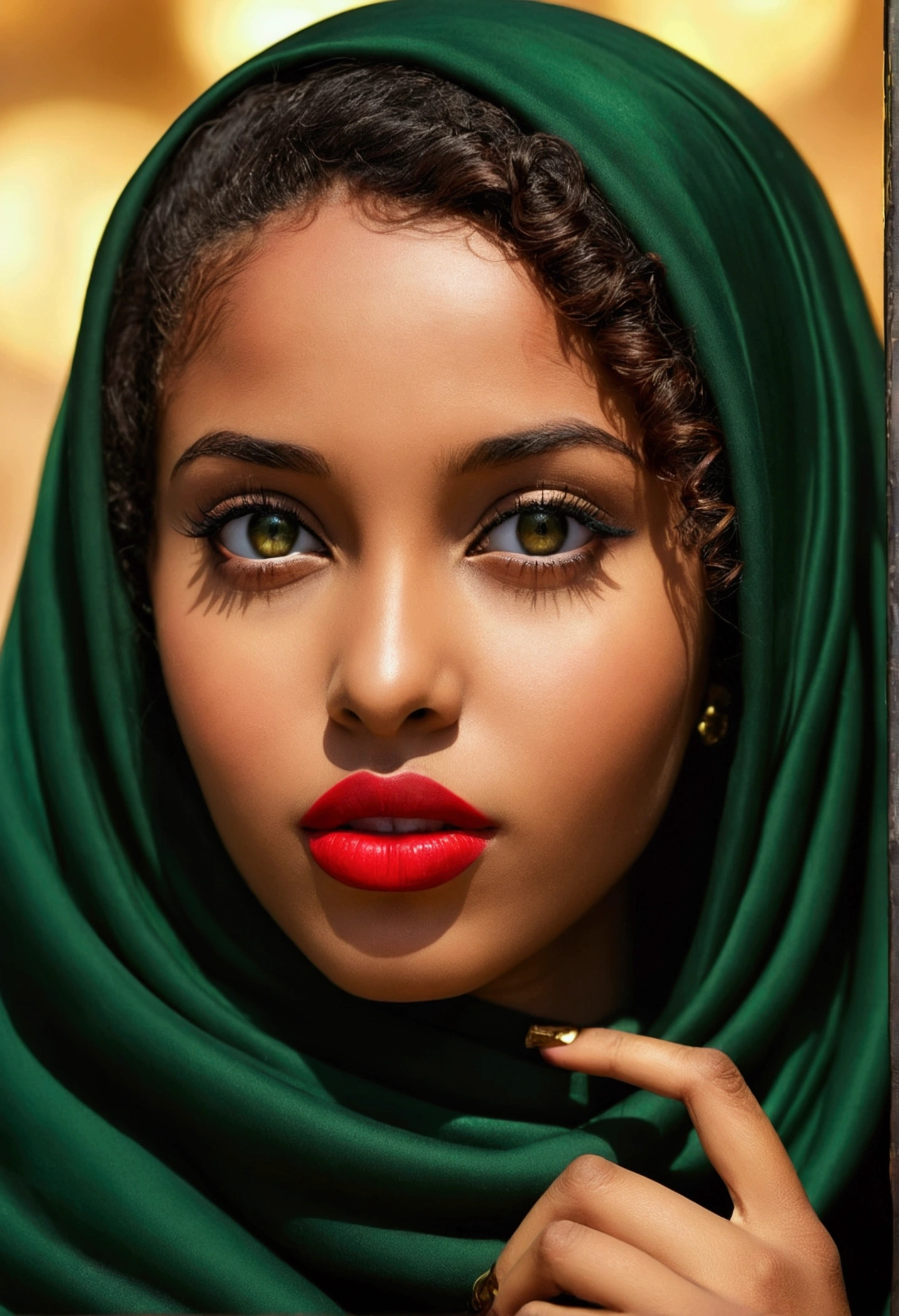 A beautiful exotic Ethiopian sexy girl with straight nose, brown glowing skin, long full curly hair, long lashes, mesmerizing green big eyes wearing full black hijab, red lipstick, and gold jewlery