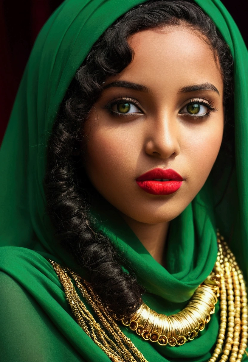 A beautiful exotic Ethiopian sexy girl with straight nose, brown glowing skin, long full curly hair, long lashes, mesmerizing green big eyes wearing full black hijab, red lipstick, and gold jewlery