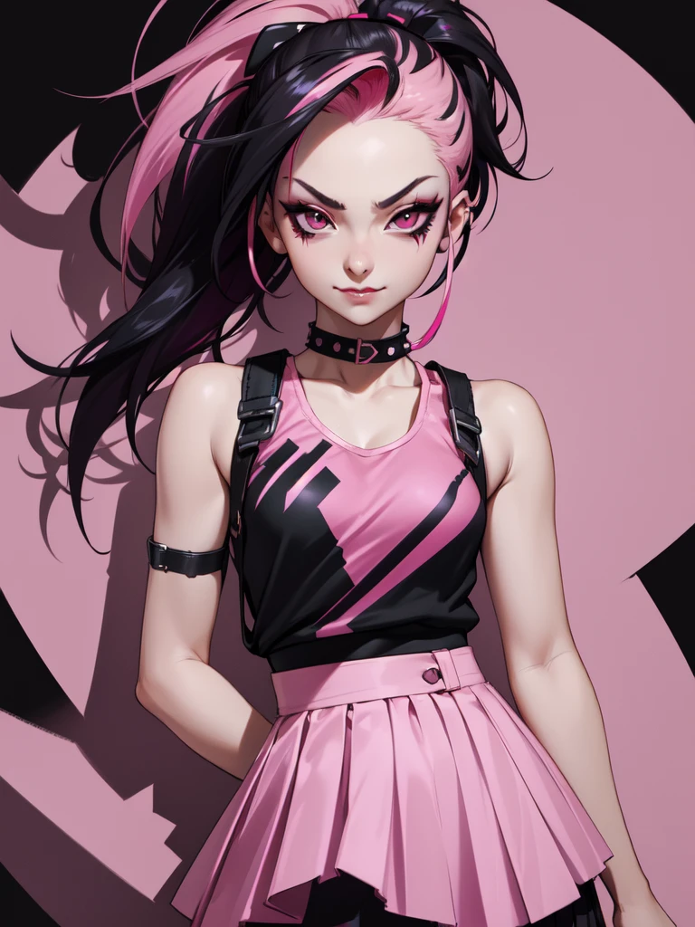 (((Portrait Photo))), She has the Appearance of Bold and Edgy Girl, with a Slim, Fashionable Build that Radiates Confidence. Her Long, Straight Black Hair is Accentuated by Vibrant Pink Streaks, Tied in a Spiky Short Ponytail, Adding a Striking and Rebellious Flair to Her Look. Her Dark Eyes are Intense and Expressive, Filled with a Sense of Mischief and Determination, Giving Her a Fierce and Charismatic Aura. Her Expression is Playful and Defiant, with a Smug, Confident Smile that Conveys a Sense of Boldness and Independence. (((High Quality, Dark Background))), (((Portrait Photo))), (((Pink Streaked Hair))), (((Punk Outfit))), (((Sleeveless Top with Straps))), (((High-Waisted Pleated Skirt)))