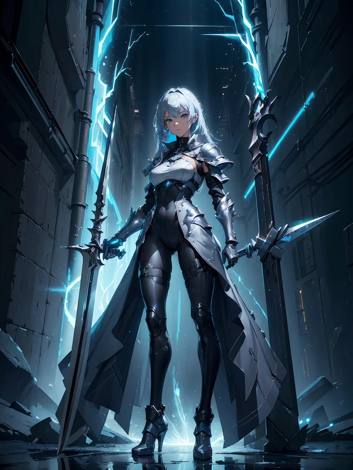 (((masterpiece, best quality, high detailed, 8k))) Design a layout showcase Gaming character, (1girl). Silver+Blue clothes, stylish and unique. ((showcase weapon:1.4)), lightning rod. (masterpiece:1.2), (best quality), 4k, ultra-detailed. (Step by step design, layout art:1.5), (luminous lighting, atmospheric lighting). storm mage, ((glove full hands)), (((revealing clothes:1.3))), vambraces, armored legwear, (((full_body_shot:1.4))). {During a thunderstorm}.