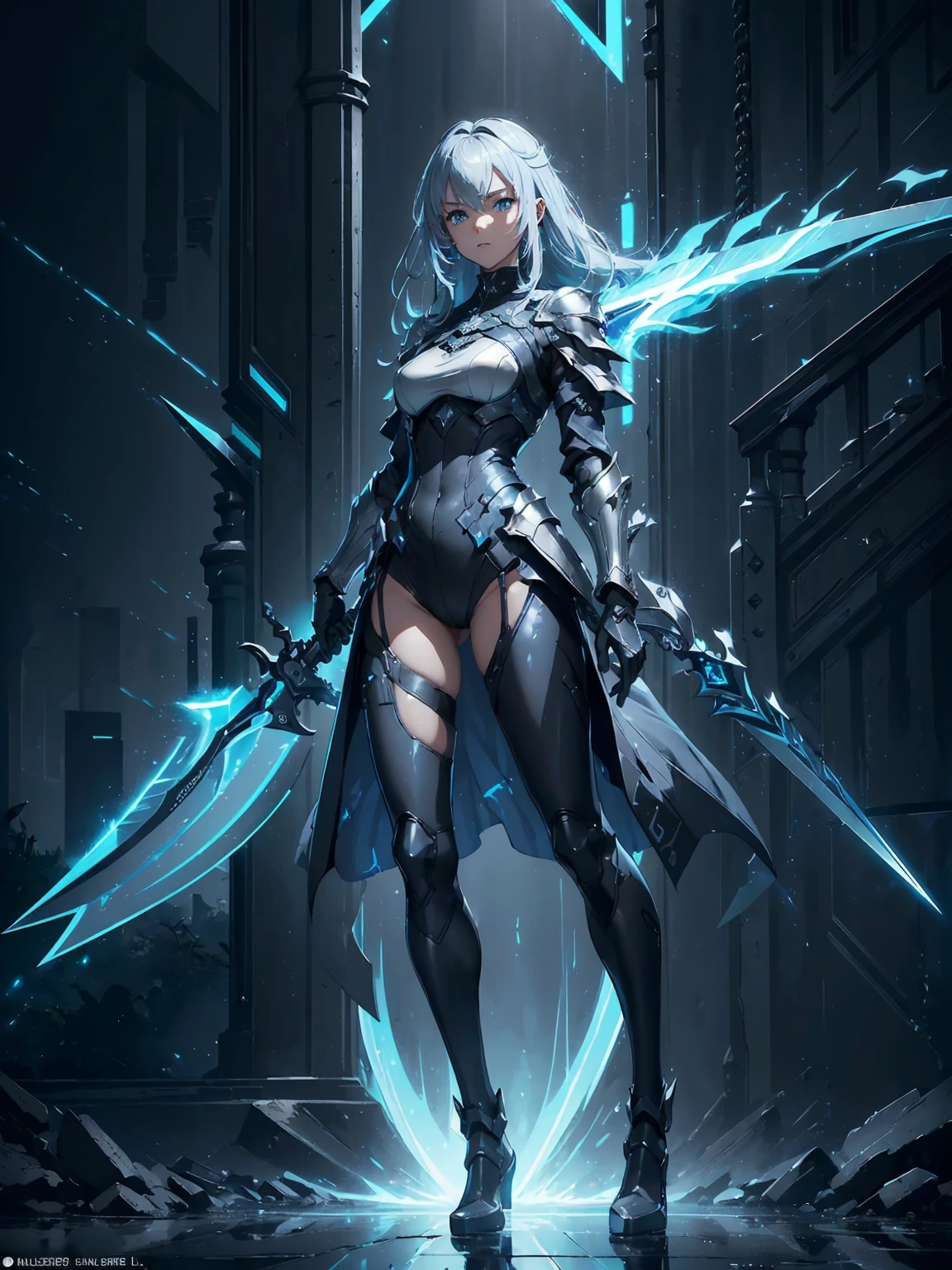 (((masterpiece, best quality, high detailed, 8k))) Design a layout showcase Gaming character, (1girl). Silver+Blue clothes, stylish and unique. ((showcase weapon:1.4)), lightning rod. (masterpiece:1.2), (best quality), 4k, ultra-detailed. (Step by step design, layout art:1.5), (luminous lighting, atmospheric lighting). storm mage, ((glove full hands)), (((revealing clothes:1.3))), vambraces, armored legwear, (((full_body_shot:1.4))). {During a thunderstorm}.