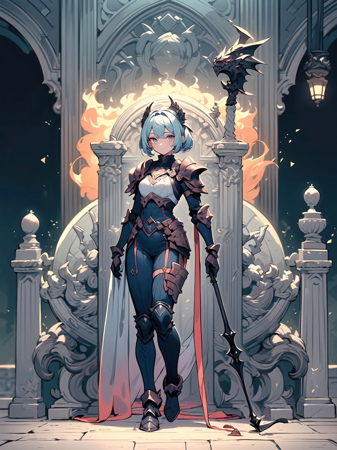 (((masterpiece, best quality, high detailed, 8k))) Design a layout showcase Gaming character, (1girl). Black dragon armor, extremely detailed, stylish and unique. ((showcase weapon:1.4)), shield and sword, with a black fire aura. (masterpiece:1.2), (best quality), 4k, ultra-detailed. (Step by step design, layout art:1.5), (luminous lighting, atmospheric lighting). dragon warrior, ((glove full hands)), (((revealing clothes:1.3))), vambraces, armored legwear, (((full_body_shot:1.4))). {In a fiery battlefield}