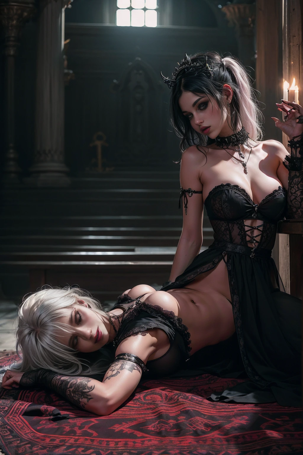 beautiful gorgeous gothic punk girl lying on a marbre table for human sacrifice, people around, sexually aroused, provocative pose, lust expression, erotic gaze, skinny, small, huge tits, in a luxurious magical temple with esotheric symbols, lying down