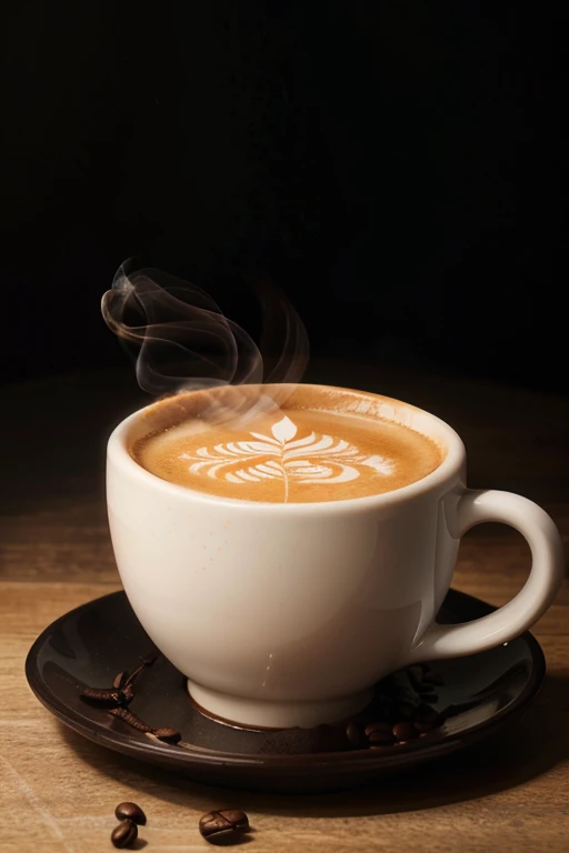 white cup of steaming coffee alone with black background