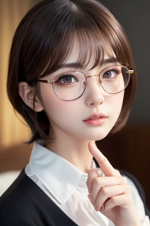 masterpiece、Highest quality、8k、Attractive beautiful large almond-shaped eyes、Big black eyes、Long eyelashes、美しい桜colorの唇、A high, well-defined nose、color々Hairstyle、美しく輝くcolor々な髪color、((Realistic:1.3))、Cinematic lighting、Challenging eyes、Bold composition、Detailed face on the market、Detailed、Golden Ratio Face、Ultra-high resolution、Beautifully detailed and realistic white skin、Fox-shaped glasses、紺colorスーツの美少女、Push up the rim of your glasses with your fingers、Intellectual、Office Lady、short hair