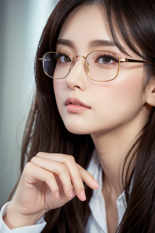 masterpiece、Highest quality、8k、Attractive beautiful large almond-shaped eyes、Big black eyes、Long eyelashes、美しい桜colorの唇、A high, well-defined nose、color々Hairstyle、美しく輝くcolor々な髪color、((Realistic:1.3))、Cinematic lighting、Challenging eyes、Bold composition、Detailed face on the market、Detailed、Golden Ratio Face、Ultra-high resolution、Beautifully detailed and realistic white skin、Fox-shaped glasses、紺colorスーツの美少女、Push up the rim of your glasses with your fingers、Intellectual、Office Lady、short hair
