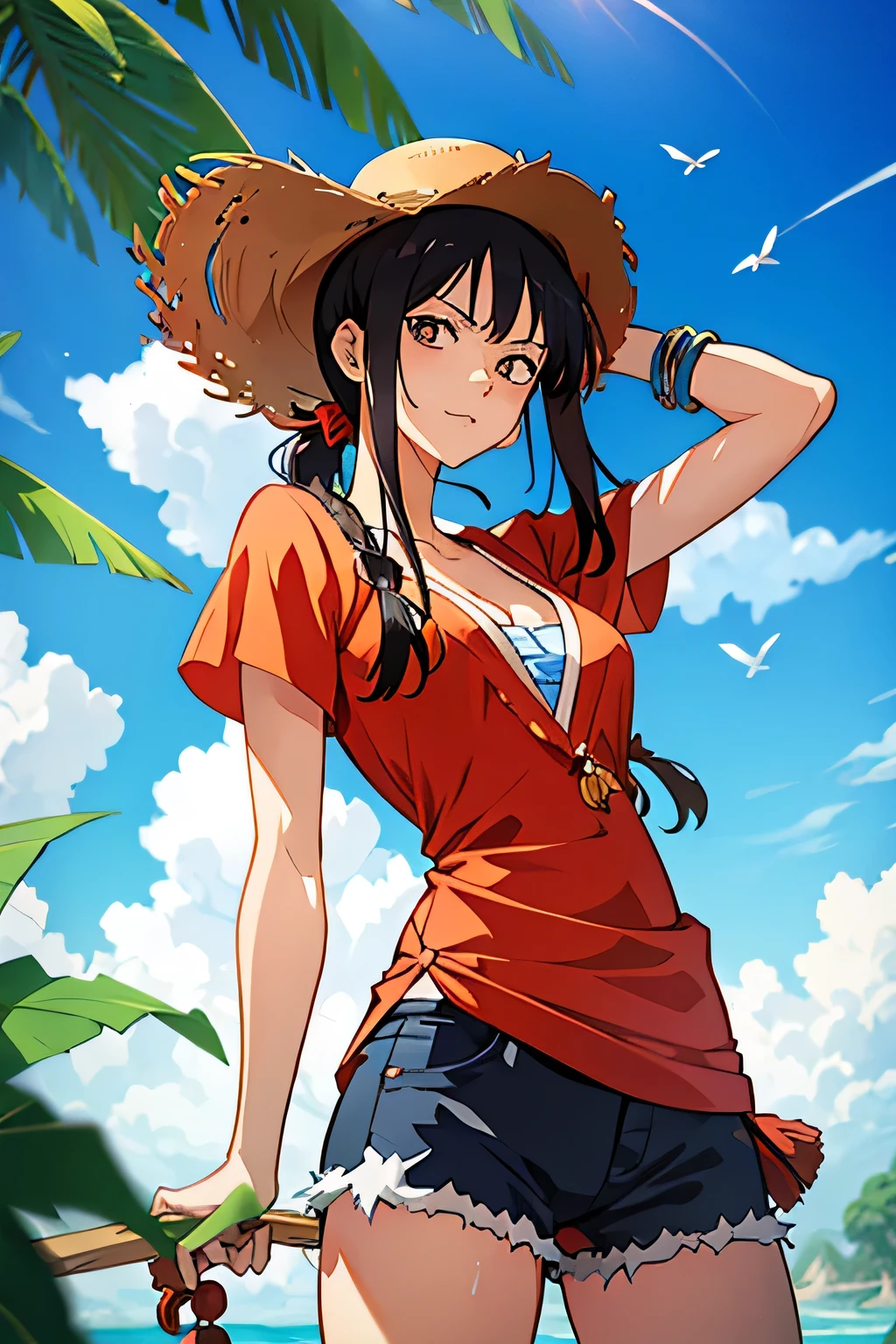anime styling, Monkey D. Luffy One Piece, hot weather, vivid colors, magnificent blue sky, leaves carried by the wind, cinematic shading, CG anime