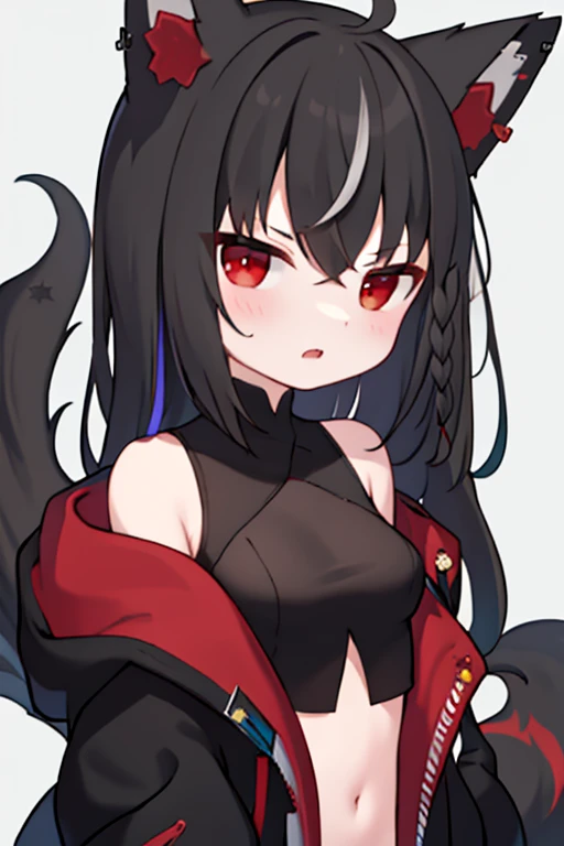 masterpiece, Highest quality, High resolution, wonderful, low-tied long hair, Black Hair, Red eyes, clavicle, black jacket, fox ear, fox tail, Red ear hair, multicolored hair, multicolored tail, red streaks, Red and black tail,