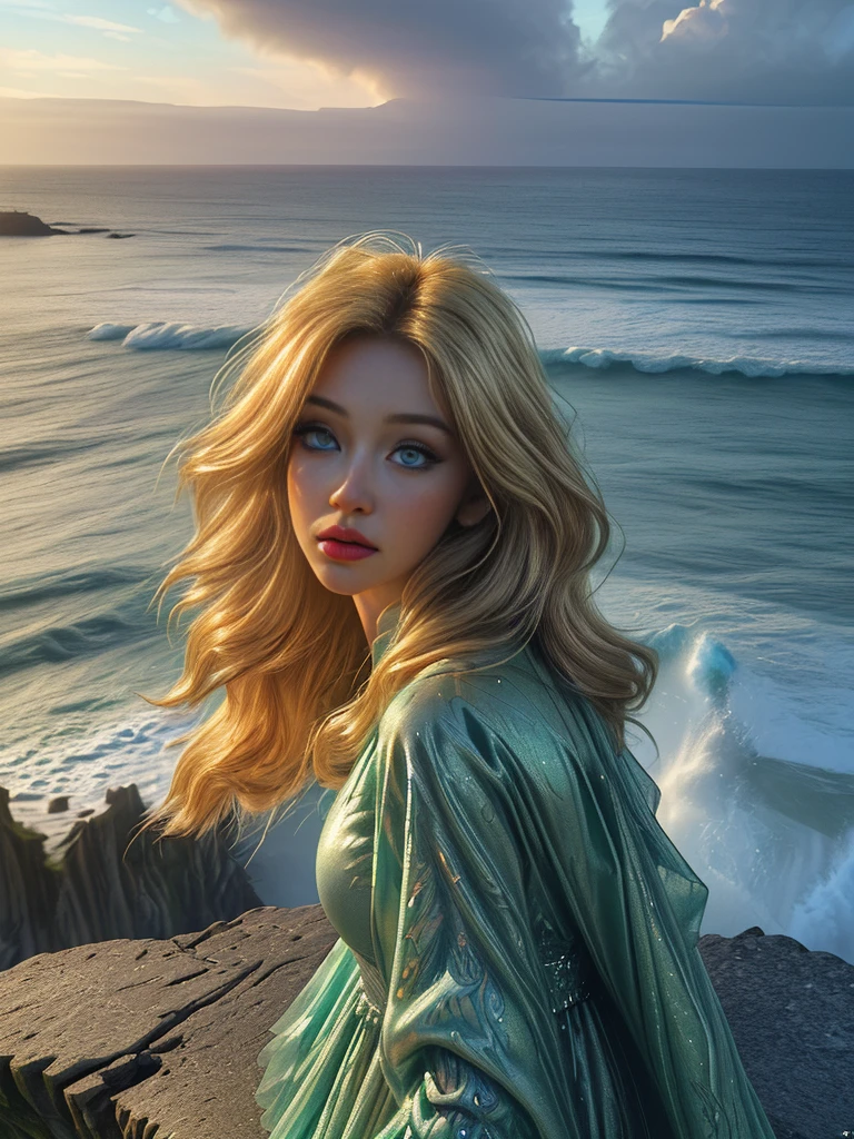 a beautiful young woman, a woman in a green dress with glitter, woman on a cliff at the irish coast, blond hair, blue eyes, stunning landscape, beautiful detailed eyes, beautiful detailed lips, extremely detailed face and skin, longeyelashes, intricate dress details, shiny glitter dress, sunlight on the woman, dramatic cliff scene, ocean waves crashing below, cloudy sky,(best quality,4k,8k,highres,masterpiece:1.2),ultra-detailed,(realistic,photorealistic,photo-realistic:1.37),cinematic lighting,dramatic colors,vibrant,fantasy,digital art,concept art