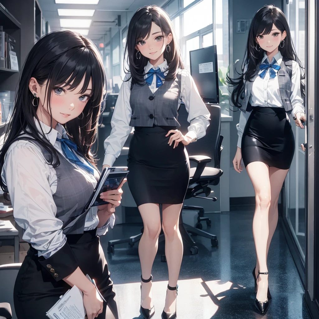 ((((1ladyl,))))  (masterpiece), (realistic), (best quality), (ultra-detailed),  amazing 30 years old wife,  pantyshot, long brown hair, office lady, Wearing a pink plaid vest, White short sleeved shirt, Gray pencil skirt, Wear stiletto heels, Necklace, earrings,  Cute face, Smile, Blushing, Shyness, Glass wall, Ultra Detail, Realistic, Front view, Whole body, (wearing in [[white and gray check pattern]] Vest worn over white collared long-sleeved shirt:1.4), (gray vest with buttons:1.2), (Pink Theme:1.2), (blue ribbon ribbon:1.3), (Black theme:1.4), (Tight black pencil skirt:1.5), ((Brown pantyhose)), (high-heels:1.1),longskirt,office desk, office chair,Lulubre Unity 8K Wallpaper, Beautiful background, clearly, Best Quality, The highest resolution, Best aesthetic,extremely detailed CG unity 8k,