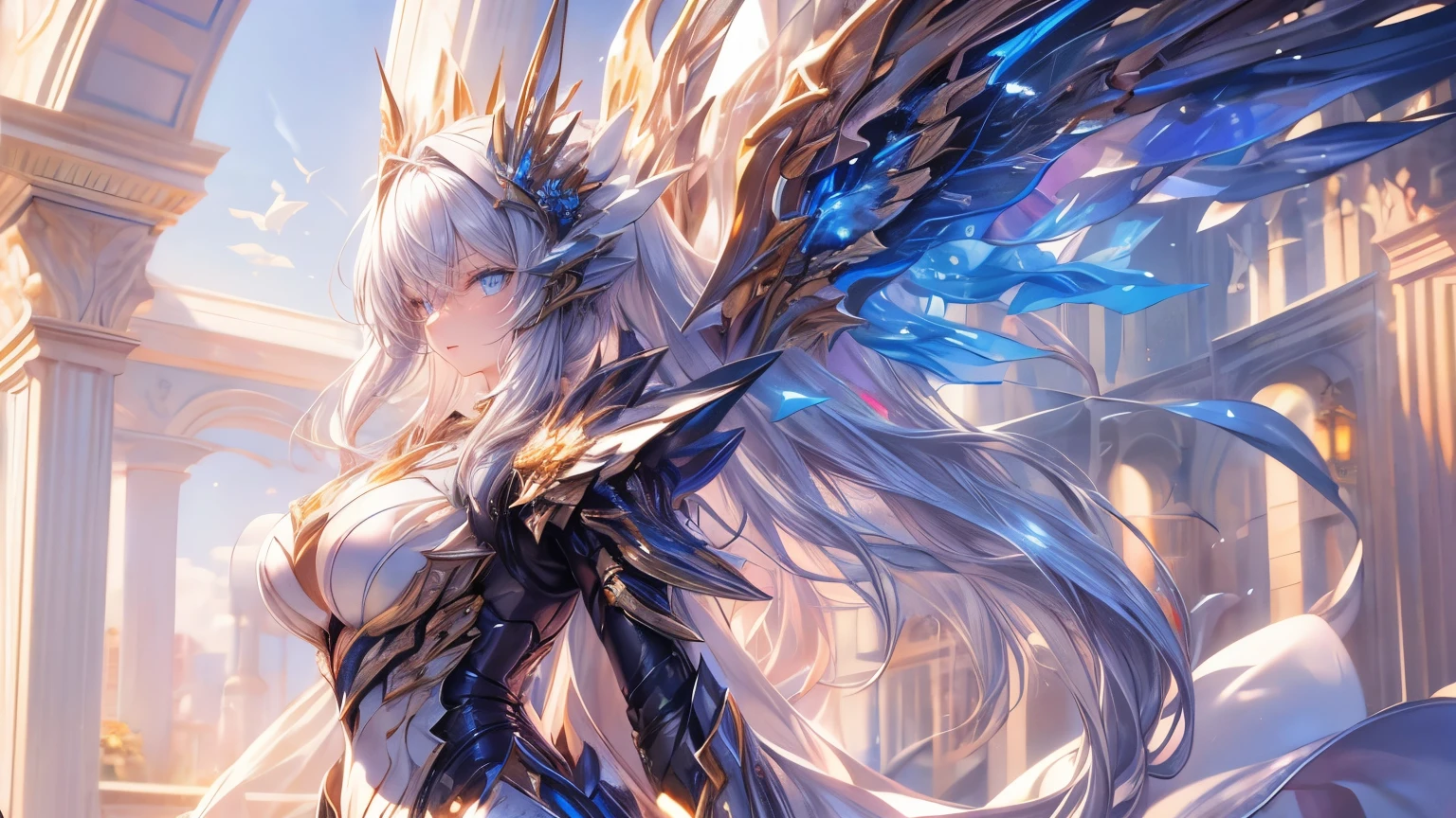 ((((masterpiece)))), best quality, very_high_resolution, large_filesize, full color, 1Girl, Large white wings growing from its back, Beautiful figure and expression like an angel, cool look, Bronze longhair, two tone color, Blue eyes, There are countless shining stars in the background, creating a beautiful universe space.,(universe),(star)