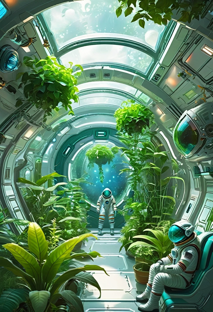 inside of a space ship, futuristic space suits, wild alien climbing plants, people making experiments on plants