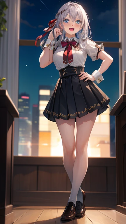 Alisa Kujou, 

(night:1.7), 1 girl standing at attention, 22 years,young female,beautiful Finger, beautiful long legs ,beautiful body ,beautiful Nose ,beautiful character design, Perfect eyes, perfect face,

There is an anime girl., 1 girl, thighs, Alone, (very short skirt:1.4), Blue eyes, old, black dress ,elegant , long socks (short dress)  , neckline, bow, hand on hip, blush, black thighs, bowtie, inside, brown shoes, The Great Passage, moccasins, Shoes, large old, looking at the viewer, take half distance, close up shot of open mouth, thighs,

looking at the viewer, smile, greeting the viewer, In the center of the image, Fondo de pantalla CG unity 8K extremadamente detallado, Perfect lighting,showy, bright_forehead_face_Lightinasterpiece:1.0),(better_quality:1.0), ultra high resolution,4k,ultra detailed,
Photography, 8K, HDR, high resolution, absurdities:1.2, codas portrait, film grain, blurred background, bokeh:1.2, Lens flare, (Vibrant_Color:1.2)
, (beautiful_face:1.5),(narrow_waist), (beautiful,huge_old:1.3)