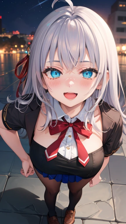 Alisa Kujou, 

(night:1.7), 1 girl standing at attention, 22 years,young female,beautiful Finger, beautiful long legs ,beautiful body ,beautiful Nose ,beautiful character design, Perfect eyes, perfect face,

There is an anime girl., 1 girl, thighs, Alone, (very short skirt:1.4), Blue eyes, old, black dress ,elegant , long socks (short dress)  , neckline, bow, hand on hip, blush, black thighs, bowtie, inside, brown shoes, The Great Passage, moccasins, Shoes, large old, looking at the viewer, take half distance, close up shot of open mouth, thighs,

looking at the viewer, smile, greeting the viewer, In the center of the image, Fondo de pantalla CG unity 8K extremadamente detallado, Perfect lighting,showy, bright_forehead_face_Lightinasterpiece:1.0),(better_quality:1.0), ultra high resolution,4k,ultra detailed,
Photography, 8K, HDR, high resolution, absurdities:1.2, codas portrait, film grain, blurred background, bokeh:1.2, Lens flare, (Vibrant_Color:1.2)
, (beautiful_face:1.5),(narrow_waist), (beautiful,huge_old:1.3)