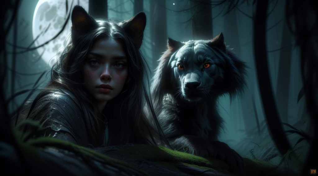 a woman looking up at a full moon in a dark forest, beautiful detailed eyes, beautiful detailed lips, extremely detailed face and features, long eyelashes, detailed skin texture, (best quality,4k,8k,highres,masterpiece:1.2),ultra-detailed,(realistic,photorealistic,photo-realistic:1.37),HDR,studio lighting,vivid colors,dramatic lighting,moody atmosphere,fantasy,conceptart
