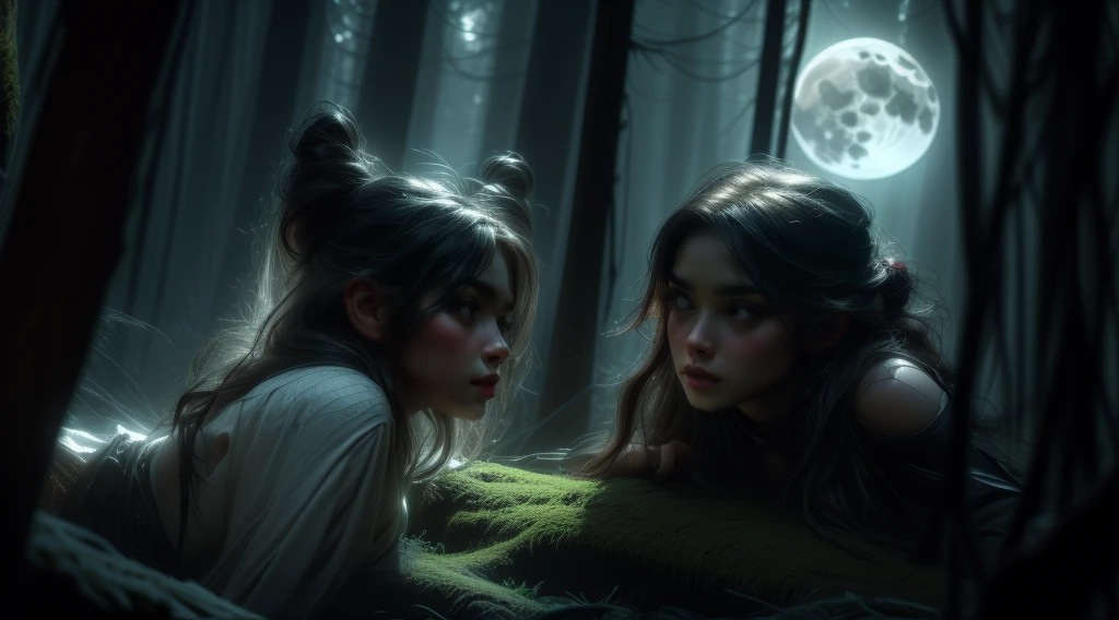 a woman looking up at a full moon in a dark forest, beautiful detailed eyes, beautiful detailed lips, extremely detailed face and features, long eyelashes, detailed skin texture, (best quality,4k,8k,highres,masterpiece:1.2),ultra-detailed,(realistic,photorealistic,photo-realistic:1.37),HDR,studio lighting,vivid colors,dramatic lighting,moody atmosphere,fantasy,conceptart