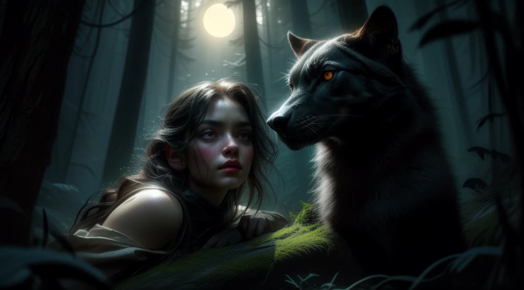 a woman looking up at a full moon in a dark forest, beautiful detailed eyes, beautiful detailed lips, extremely detailed face and features, long eyelashes, detailed skin texture, (best quality,4k,8k,highres,masterpiece:1.2),ultra-detailed,(realistic,photorealistic,photo-realistic:1.37),HDR,studio lighting,vivid colors,dramatic lighting,moody atmosphere,fantasy,conceptart