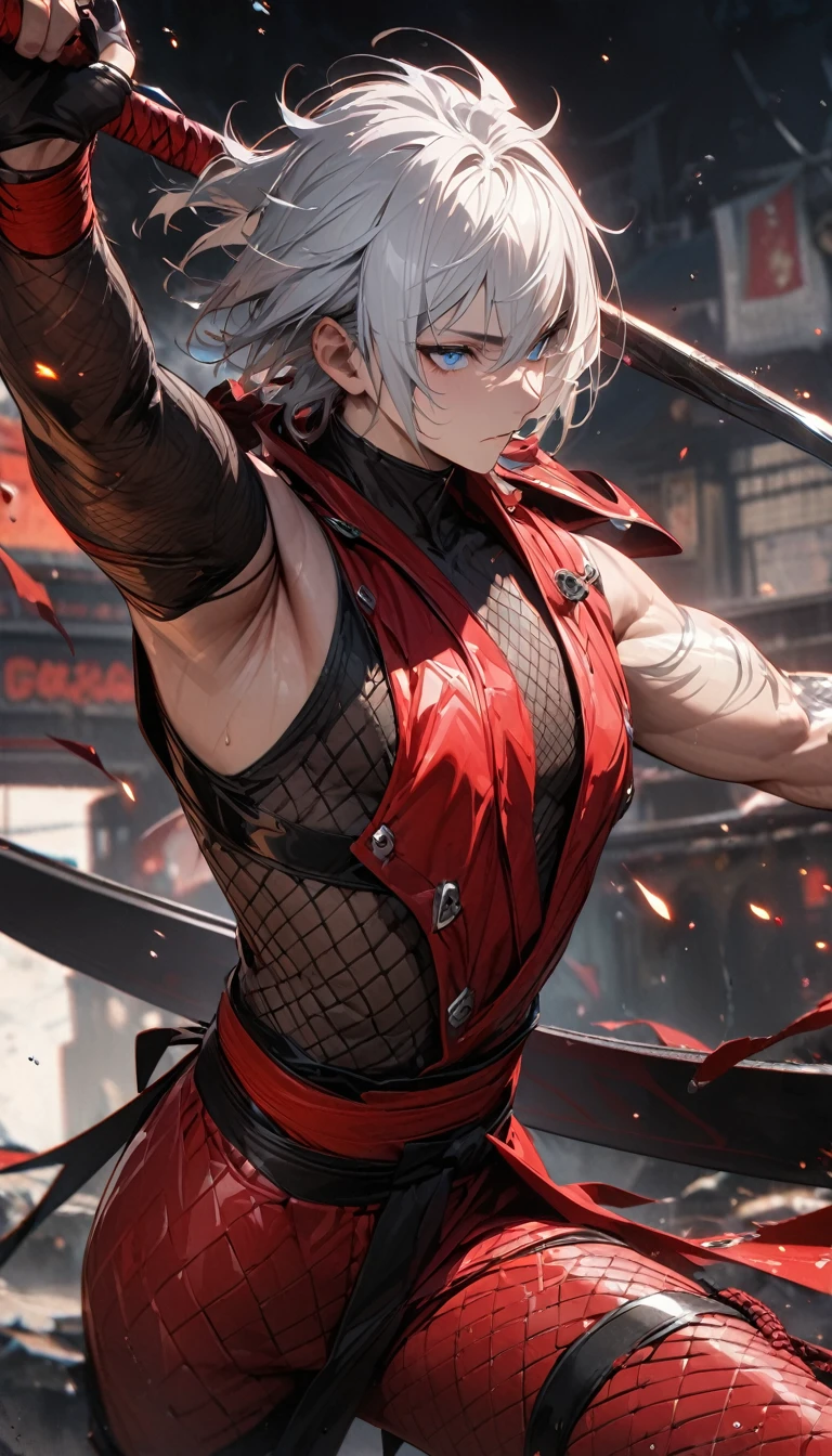 Adult guy, short white hair, blue eyes, yatagan, red tight leather ninja form, black glowes, sleeveless, fishnet elements, Masterpiece, best quality, Full HD, 8k, ultra details, great graphic