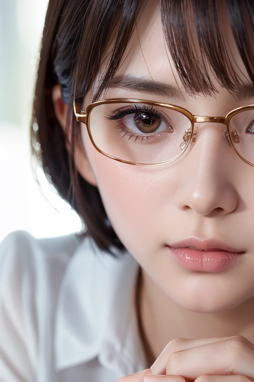 masterpiece、Highest quality、8k、Attractive beautiful large almond-shaped eyes、Big black eyes、Long eyelashes、美しい桜colorの唇、A high, well-defined nose、color々Hairstyle、美しく輝くcolor々な髪color、((Realistic:1.3))、Cinematic lighting、Challenging eyes、Bold composition、Detailed face on the market、Detailed、Golden Ratio Face、Ultra-high resolution、Beautifully detailed and realistic white skin、Fox-shaped glasses、紺colorスーツの美少女、Push up the rim of your glasses with your fingers、Intellectual、Office Lady、short hair
