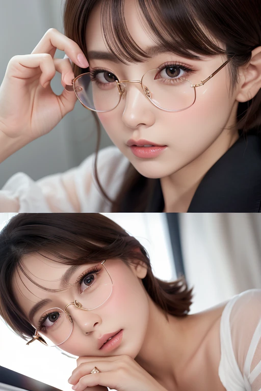 masterpiece、Highest quality、8k、Attractive beautiful large almond-shaped eyes、Big black eyes、Long eyelashes、美しい桜colorの唇、A high, well-defined nose、color々Hairstyle、美しく輝くcolor々な髪color、((Realistic:1.3))、Cinematic lighting、Challenging eyes、Bold composition、Detailed face on the market、Detailed、Golden Ratio Face、Ultra-high resolution、Beautifully detailed and realistic white skin、Fox-shaped glasses、紺colorスーツの美少女、Push up the rim of your glasses with your fingers、Intellectual、Office Lady、short hair
