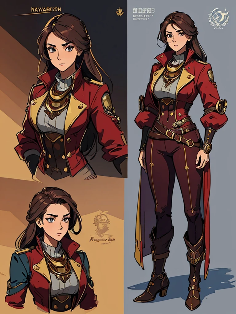 (masterpiece, best quality, character design plug, character reference sheet, concept art, same character, detailed face, super detailed, advanced details, highest quality, high resolution, 8K) full body female wearing a maroon and gold and futuristic capitain navigator pirate steampunk clothes, ocean theme, long hair, light grey background color
