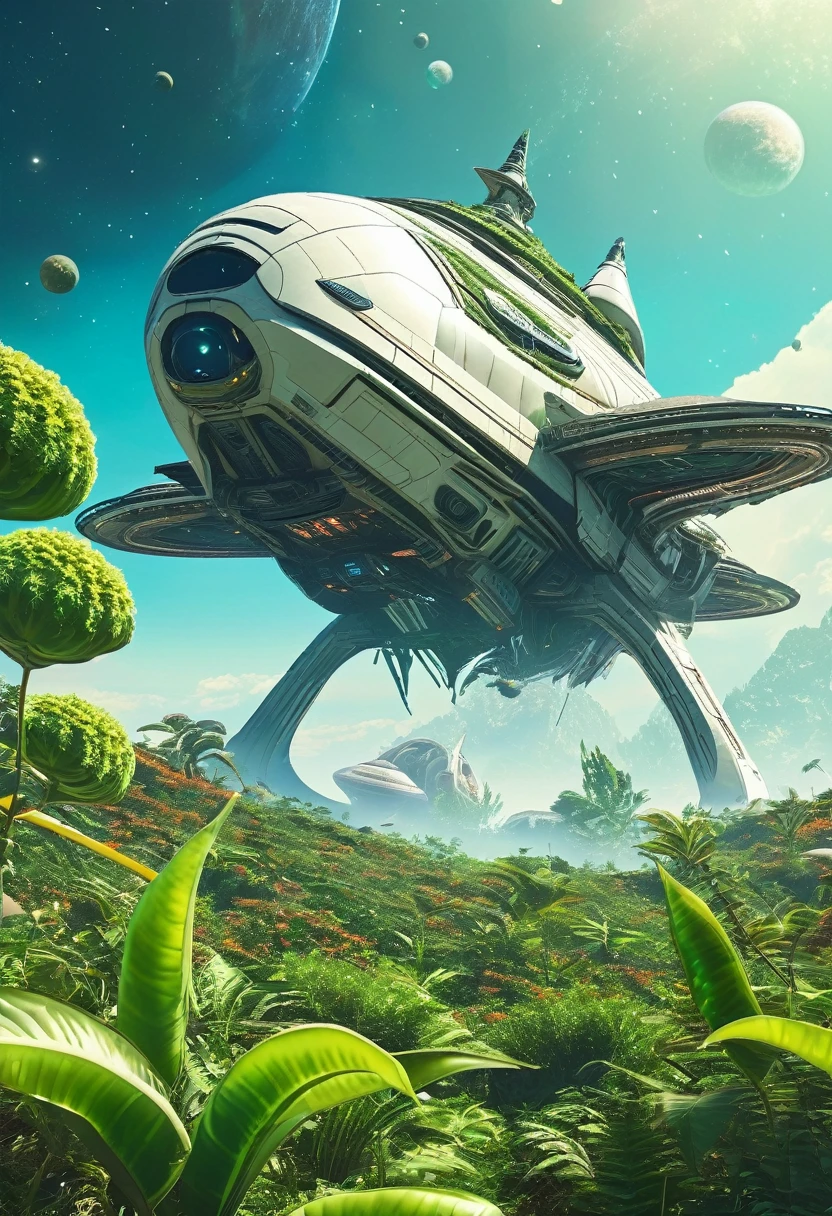 space ship crashed on planet, covered by climbing alien plants