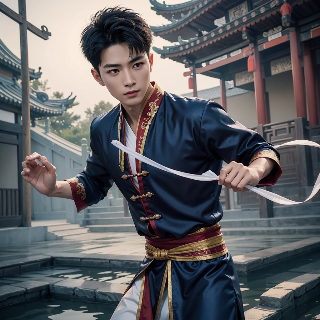 1 Handsome chinese slim guy, 20 years old, Asian, master work, best picture quality, higher quality, high detail, super high resolution, 8k resolution, perfect eyes, perfect skin, perfect hands, big muscles, tattoos, glowing eyes, short hair, hair details, detailed background , open Hanfu transparent tulle jacket, (blue clothes with silver decoration), Chinese garden background, Chinese kung fu, dragon-themed costumes, monk robes, spinning floating particles, chinese temple in background, looking at viewer