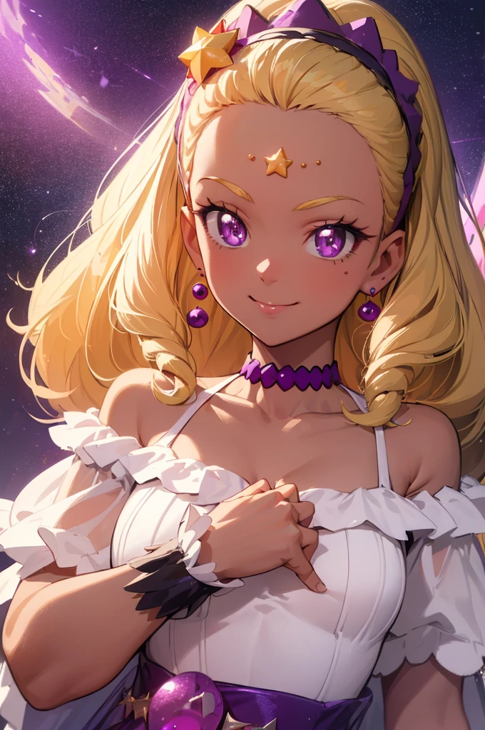 (masterpiece, best quality:1.2), 1girl, solo, looking at viewer, (curesol), , star hair ornament, hairband, earrings, purple choker,negligee, looking at viewer, smile, closed mouth, dark persona, dark magical girl,see through,